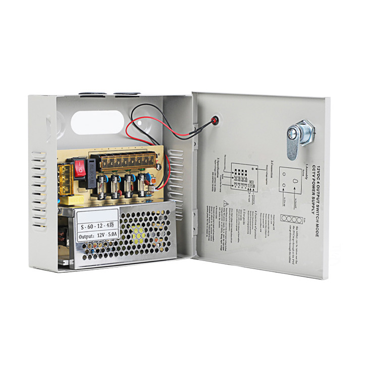 60W 5A 4CH DC12V Output Switch Mode CCTV Distribution Box Portable Power Supply For IR Camera Monitoring Equipment LED Tape Lights 60W 5A 4CH DC12V Output Switch Mode CCTV Distribution Box Portable Power Supply For IR Camera Monitoring Equipment LED Tape Lights